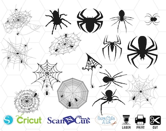 May include: A collection of black spider and spiderweb designs. The image includes various spider silhouettes and detailed spiderwebs, perfect for Halloween or crafting projects. The image also includes the Cricut and ScanNCut logos.