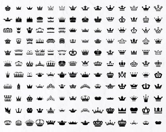 Könnte beinhalten: Eine Sammlung von 100 schwarzen Kronen-Symbolen, jedes mit einem einzigartigen Design. Die Kronen sind in einem Rastermuster auf weißem Hintergrund angeordnet.