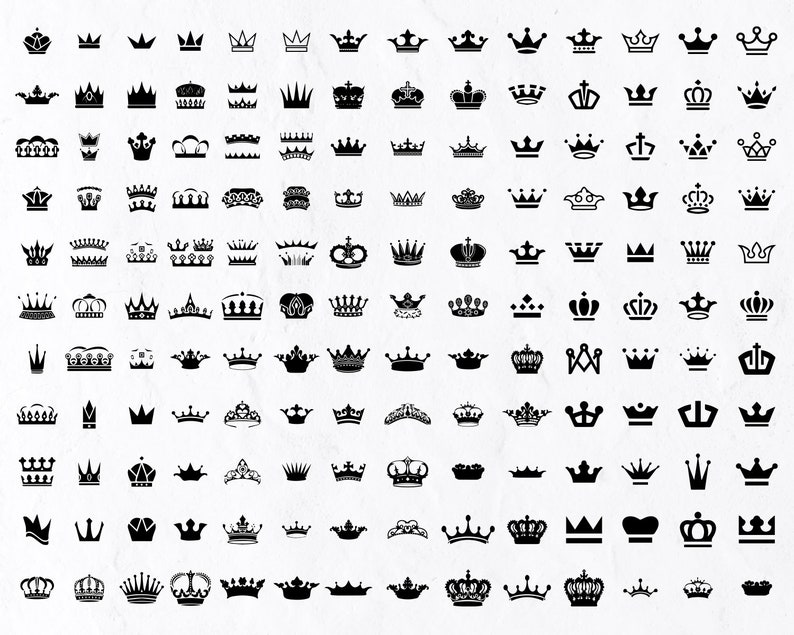 May include: A collection of 100 black crown icons, each with a unique design. The crowns are arranged in a grid pattern on a white background.