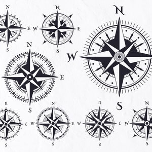 8 つの風のバラ SVG バンドル、ビンテージ コンパス SVG、西、東、北、南、ポインター、地図作成、海洋、地図、旅行、星、冒険