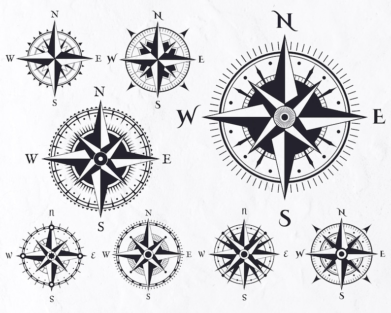 K&ouml;nnte beinhalten: Ein Satz von acht schwarzen und wei&szlig;en Kompass-Illustrationen mit den Himmelsrichtungen N, S, O und W. Die Kompass-Illustrationen sind in verschiedenen Gr&ouml;&szlig;en und Stilen.