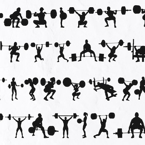 29 Weightlifting Silhouettes svg, Barbell Monogram, Barbell Clipart, Barbell Silhouette, Dumbell Svg, Dumbell Monogram, Lifting Svg  