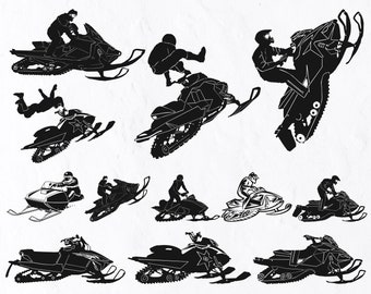 May include: A collection of black and white illustrations of snowmobiles in various action poses. The images depict people riding and performing stunts on snowmobiles, set against a white background. The illustrations are detailed and dynamic.
