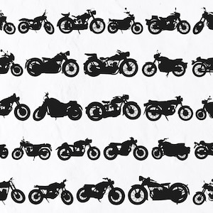 Może przedstawiać: Kolekcja 25 czarnych sylwetkowych obrazów zabytkowych motocykli. Motocykle są skierowane przodem i ułożone w pięć rzędów po pięć.