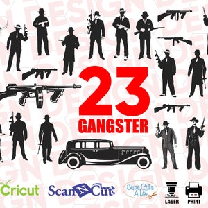 Op de afbeelding: Een digitale download van 23 zwart-wit silhouetbeelden van gangsters, wapens en een auto. De tekst "23 Gangster" is rood.