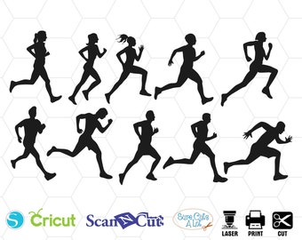 May include: Silhouettes of ten people running in different poses. The runners are all facing to the right. The image is in black and white.