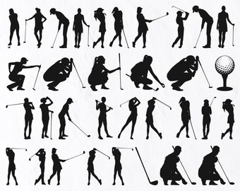 May include: Silhouettes of people playing golf. The image shows a variety of poses, including putting, swinging, and walking. There is a golf ball on a tee in the upper right corner of the image.