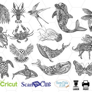 Puede incluir: Un conjunto de 13 diseños de arte lineal intrincados en blanco y negro que representan varios animales, incluyendo un colibrí, un búho, una tortuga, una ballena, un pulpo, un cangrejo, una mariposa, un caballo y un delfín. Los diseños son perfectos para proyectos de artesanía, como cortar, grabar o grabar.