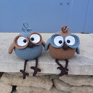 Puede incluir: Dos figuritas de búho de crochet, una azul y otra marrón, con ojos blancos y patas marrones. Los búhos están sentados en un muro de piedra.