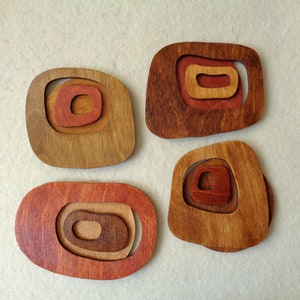 Coasters, Mid century modern, Abstract Coasters, Set of 4 Retro wood Coasters, Space age decor, MCM