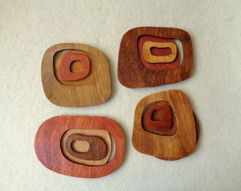 Coasters, Mid century modern, Abstract Coasters, Set of 4 Retro wood Coasters, Space age decor, MCM