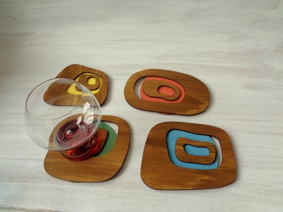 Mid Century Modern Abstract Coasters, Set of 4 Retro Wood