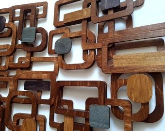 Mid-Century Modern Wood Wall Art: Retro 3D Tiles, Walnut Finish (W20''x H20'')
