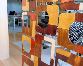 Mid Century Modern Room Divider: Walnut Finish, 3-Strand Art Decor, Real wood divider