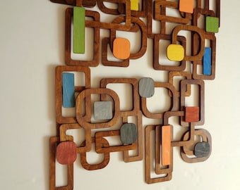 Arte da parete moderna di metà secolo, arte da parete in legno, decorazione da parete retrò, decorazione da parete in legno, anni '60, piastrelle da parete in legno 3D, pannelli a parete, spedizione gratuita