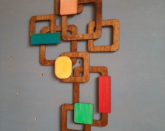 Mid Century moderne Wandkunst, Holz Wandkunst, Retro Wandbehang, Holz Wanddekor, 60er Jahre, 3D Holz Wandfliese,