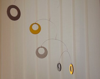Grey and Yellow Geometric Mobile, Minimalist Home Decor, Wooden Hanging Mobile, Wooden Hanging Mobile, Mid Century Modern Decor,