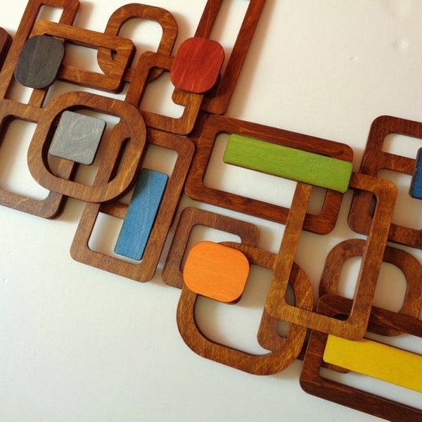 Mid Century Modern Wood Wall Art: 3D Tile Decor, Walnut Finish (50''x14'')