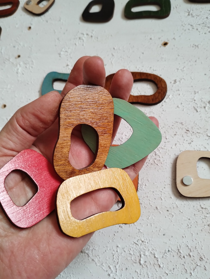 Op de afbeelding: Een set van vijf houten vormen in verschillende kleuren, waaronder bruin, geel, rood, groen en naturel hout. Elke vorm heeft een unieke uitsparing in het midden. De vormen worden in een hand gehouden.
