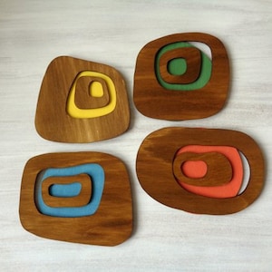 Mid century modern abstract Coasters, Set of 4 Retro wood Coasters, Space age decor, MCM