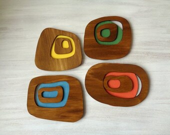 Mid century modern abstract Coasters, Set of 4 Retro wood Coasters, Space age decor, MCM