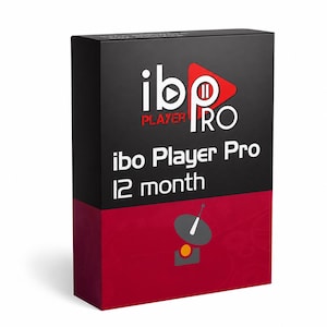Op de afbeelding: Een rechthoekige doos met een zwart bovengedeelte en een donkerrood ondergedeelte. De tekst ibp PLAYER PRO en ibo Player Pro 12 month is in het wit gedrukt. Een rood afspeelpictogram en een grijze satellietschotel zijn op de doos zichtbaar.