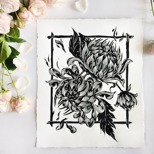 Linocut block print &quot;Blossoms&quot; original artwork wall decor
