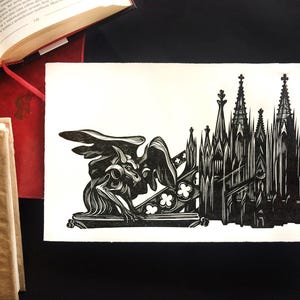 Gothic Cathedral Linocut Block Print with Gargoyle - Original Artwork Wall Decor