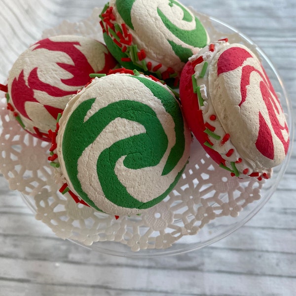 Fake Christmas Peppermint Swirl Macaroons, Tiered Tray Decor, Winter Kitchen Theme, Winter Holiday Photo Props
