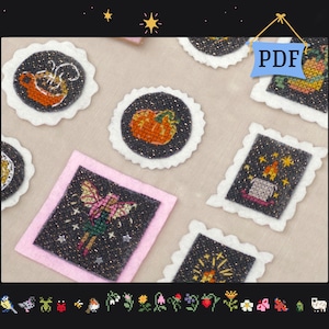 May include: A collection of embroidered patches with various designs, including a teapot, pumpkin, fairy, and candle. The patches are on a light beige background, with a black border and white scalloped edges. The word "PDF" is visible.