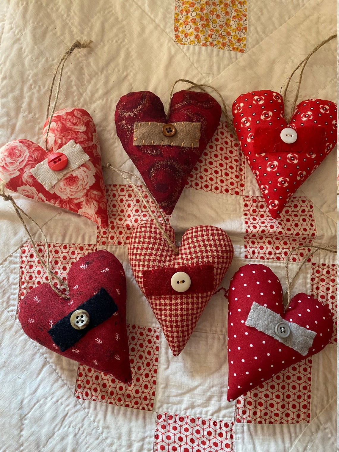 Fabric hearts set of 6 Etsy