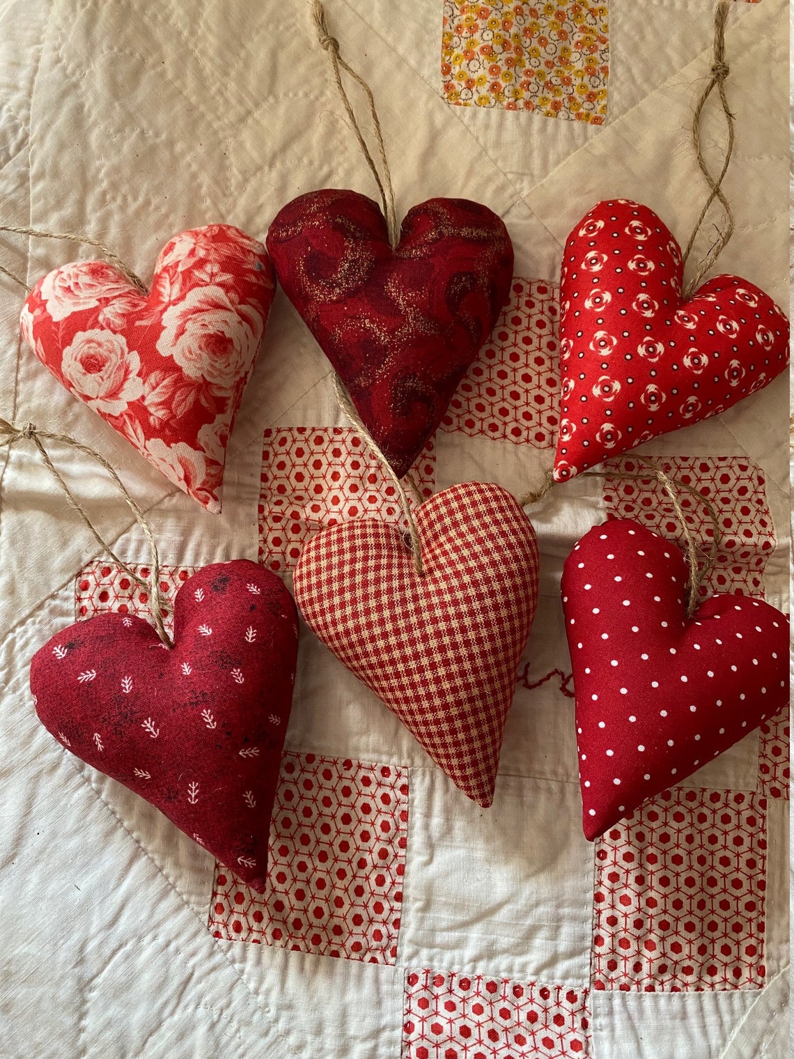 Fabric hearts set of 6 Etsy