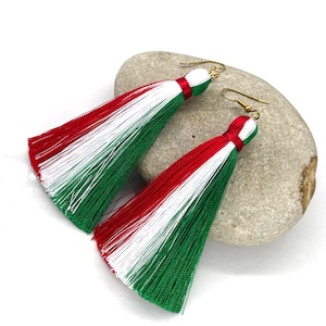 Italy flag earrings, Italian jewelry, Green White Red earrings, 3&quot; Handmade Tassel, Football earrings, World flag, Stainless steel hooks