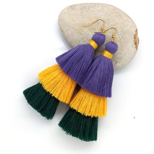 Layered Mardi Gras earrings, Cotton tassel earrings, Carnival earrings, Mardi Gras jewelry, Dangle Drop earrings, Green Gold Purple earrings