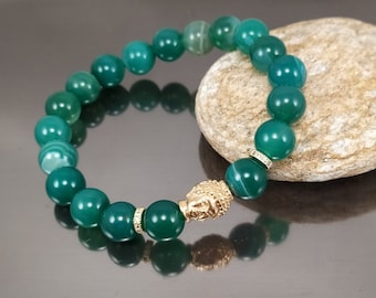 Gold Buddha Bracelet, Green Agate bracelet, Charm Gold Buddha, Gold color Stainless steel, Happiness, Protection, Meditation