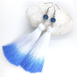 Ombre Blue tassel earrings, White Blue earrings, Woman Tassel earrings, Bohemian Earrings, Wedding earrings, Elegant earrings,Something Blue