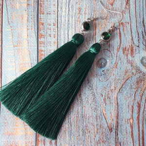 Pine green earrings, Dark Green earrings, Tassle earrings, Crystal earrings, Boho earrings, Birthday gift ideas for her