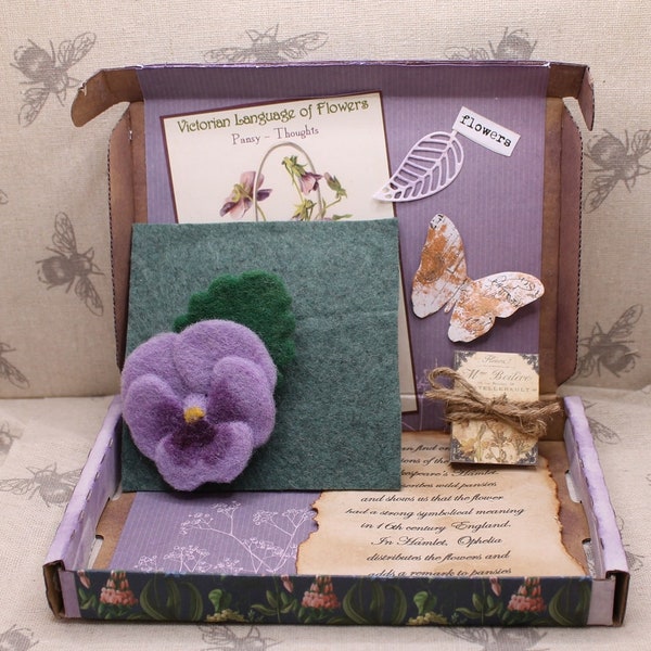 Needle Felted Pansy Flower Brooch with Handmade Box and minature book.