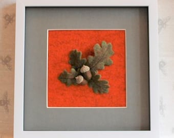 Needle Felted Framed Picture. Oak Leaves and Acorns, 3D Wool Art Picture. Unique wall art.