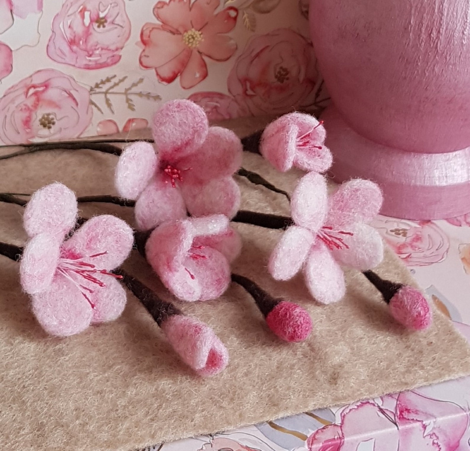 Cherry Blossoms Needle Felted in a hand painted wooden vase. Etsy