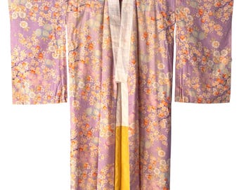 Vintage Japanese 1930s-1940s Silk Kimono Juban Robe Coat  Floral Pattern, Collectible Antique