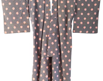 1950's Vintage Japanese KIMONO Summer Boho Gown Robe Coat , Polka dot Yukata, Antique