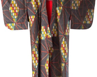1940's Vintage Japanese Meisen Silk KIMON Boho Gown Robe Jacket Coat Beatiful pattern Antique