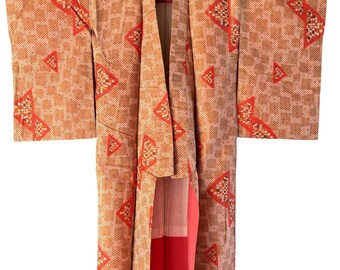 Vintage Meisen Silk Kimono Robe – 1940s Japanese Traditional Pattern, One of a Kind Collectible, 148cm