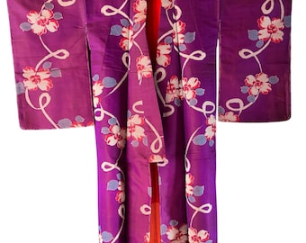 1940's Vintage Japanese Meisen Silk KIMONO Boho Gown Robe Jacket Coat  Antique