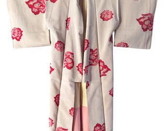 1950's Vintage Japanese KIMONO Rose Design Boho Gown Robe Coat Jacket Antique
