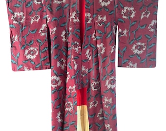 1940's Vintage Japanese Meisen Silk KIMON Boho Gown Robe Jacket Coat Beatiful pattern Antique