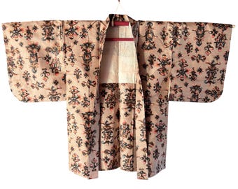 1940's Vintage Japanese HAORI Meisen Silk Kimono Boho Jacket Gown Robe antique