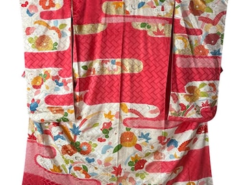 Vintage Silk Kimono Robe – Antique Japanese Furisode, Traditional Collectible, 161cm 63.3in