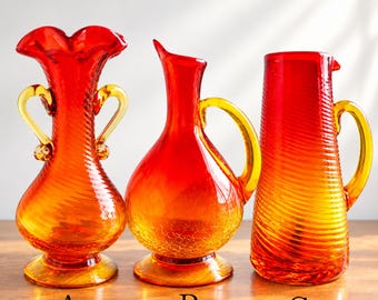 Vintage Ryukyu Glass, Okinawa Japanese Art Glass, Colorful Retro Glassware, Hand Pitcher Vase
